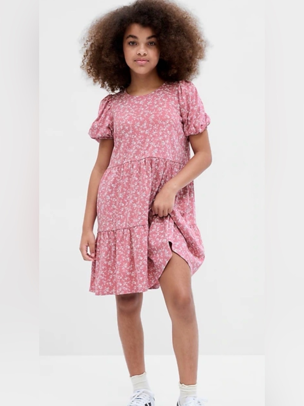 GAP Mauve Pink Floral Tiered Puff-Sleeve Dress